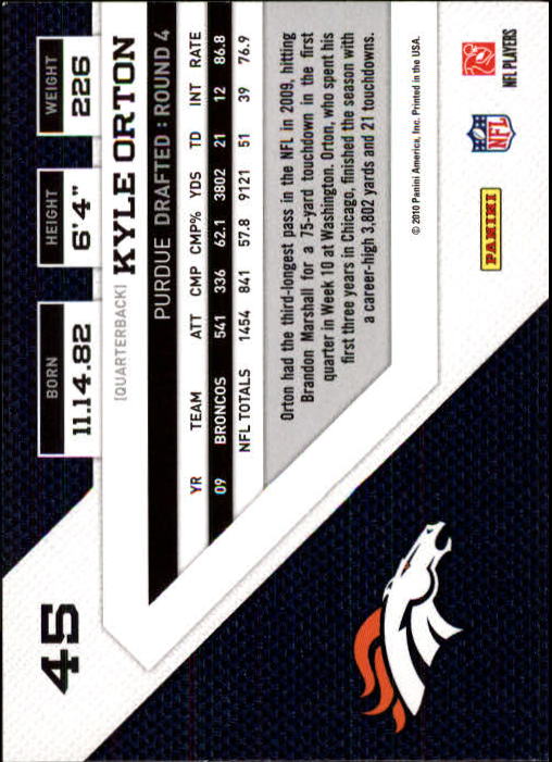 2010 Panini Threads #45 Kyle Orton back image