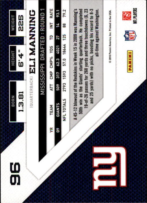 2010 Panini Threads #96 Eli Manning back image