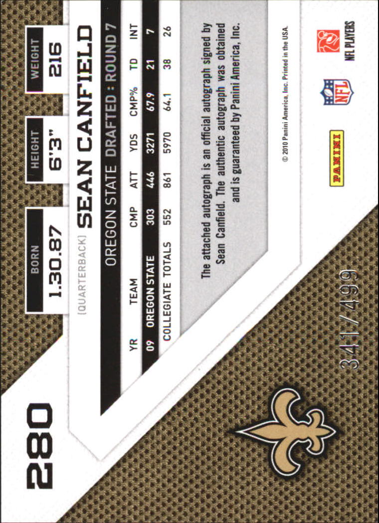 2010 Panini Threads Autographs Silver #280 Sean Canfield/499 back image