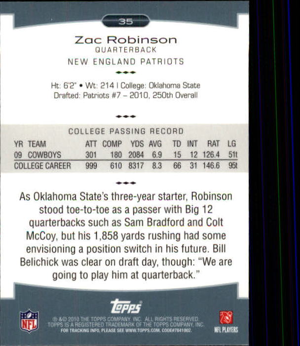 2010 Topps Platinum #35 Zac Robinson RC back image