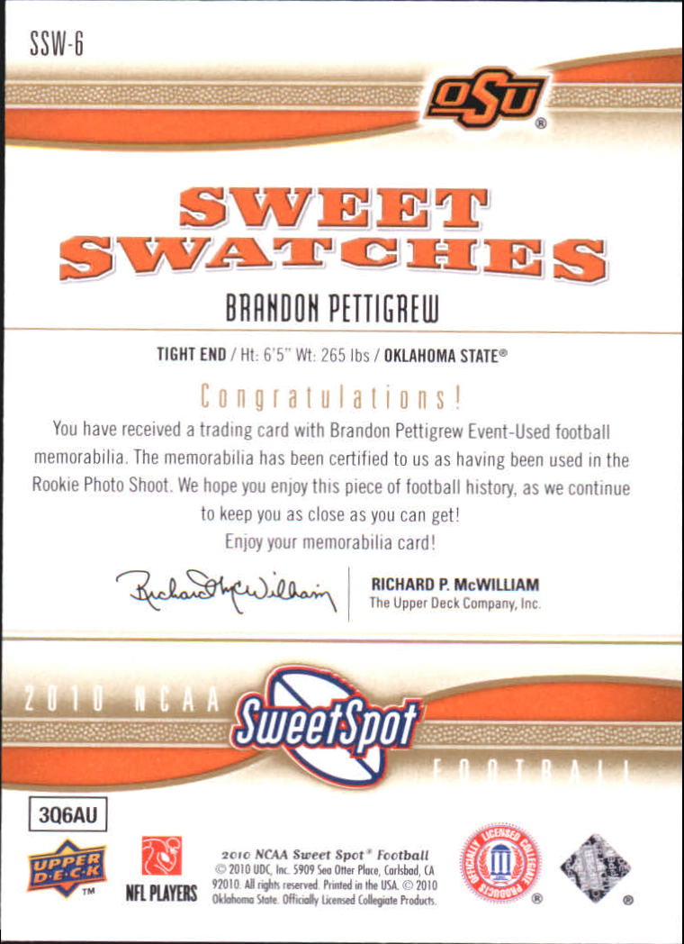 2010 Sweet Spot Sweet Swatches #SSW6 Brandon Pettigrew back image