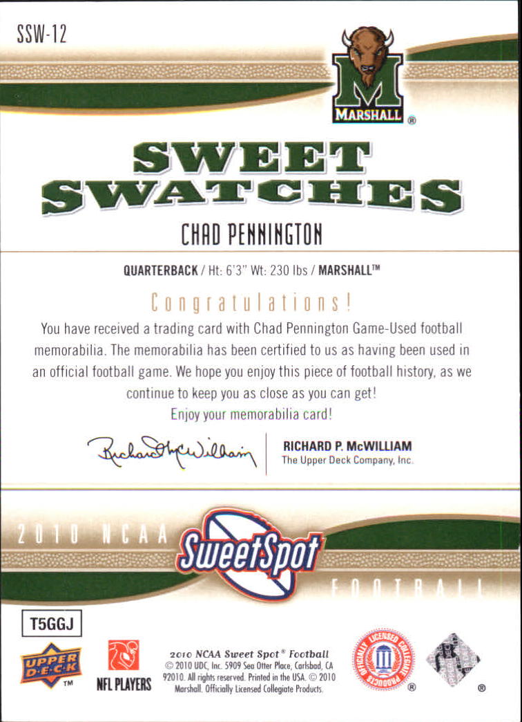 2010 Sweet Spot Sweet Swatches #SSW12 Chad Pennington back image