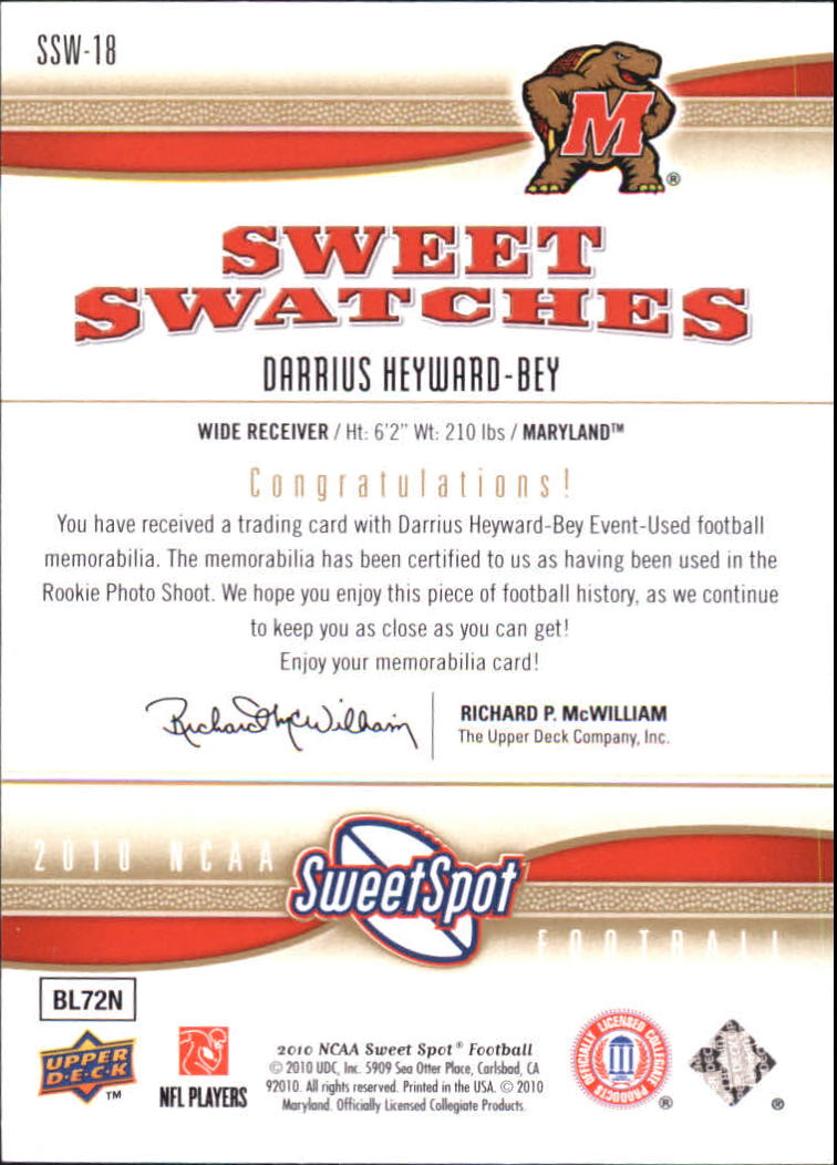 2010 Sweet Spot Sweet Swatches #SSW18 Darrius Heyward-Bey back image
