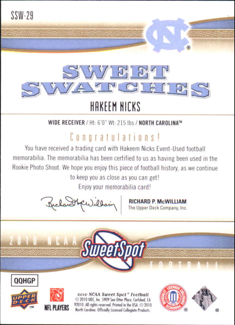 2010 Sweet Spot Sweet Swatches #SSW29 Hakeem Nicks back image