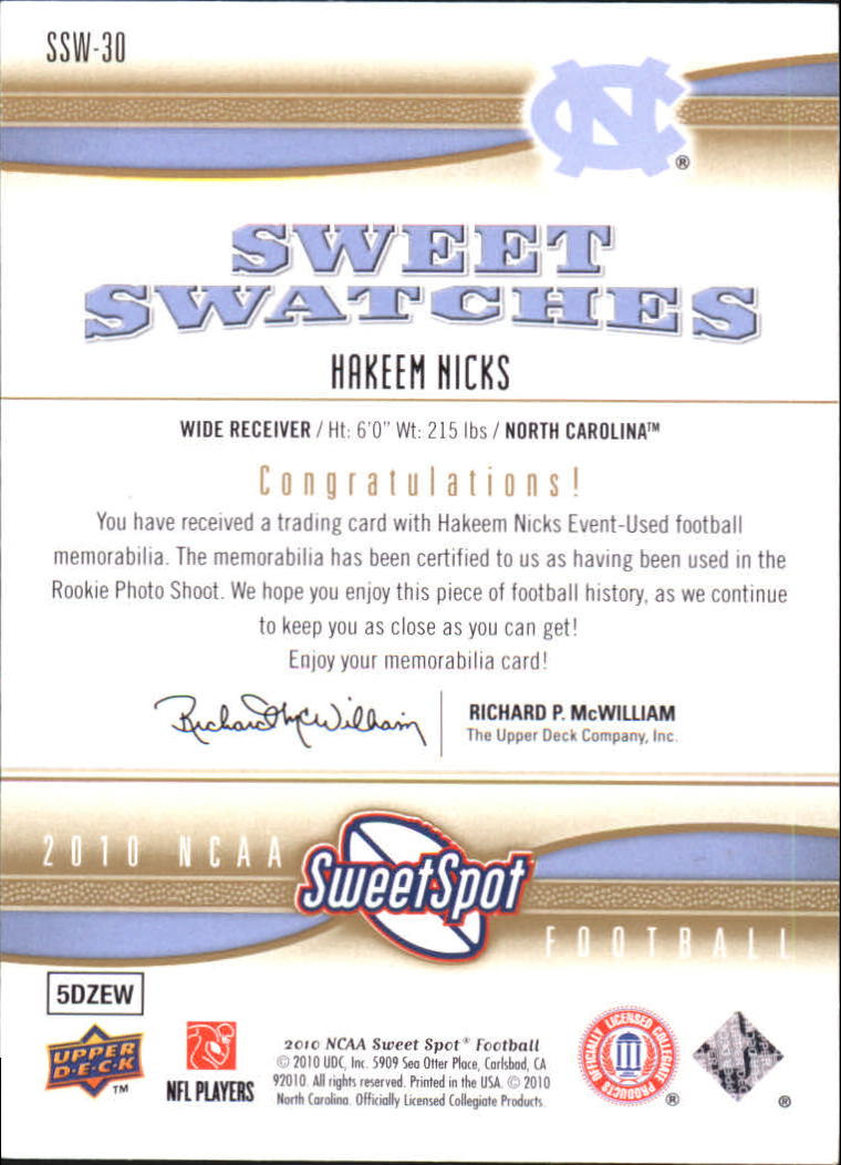 2010 Sweet Spot Sweet Swatches #SSW30 Hakeem Nicks back image