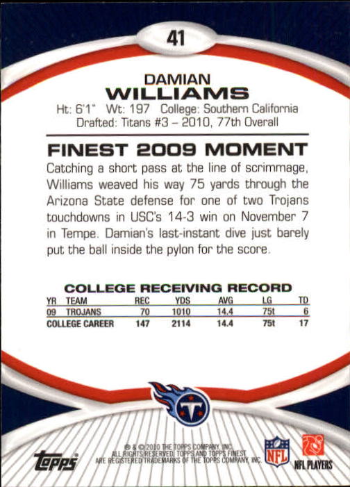 2010 Finest #41 Damian Williams RC back image