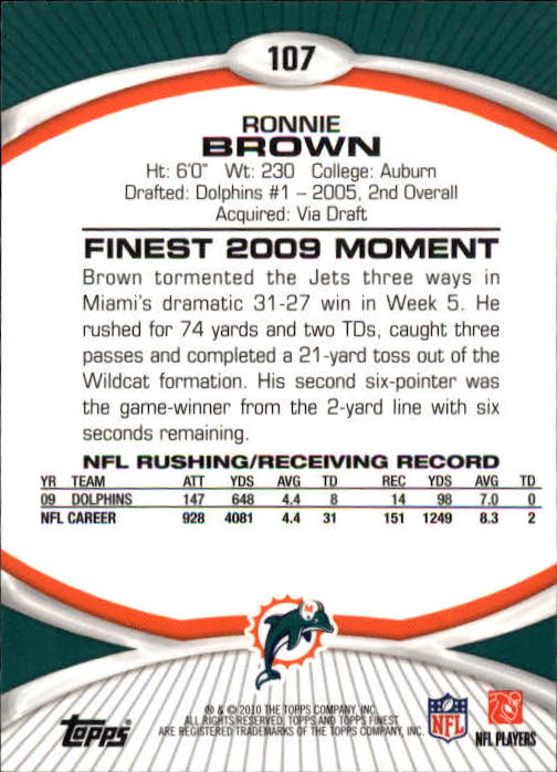 2010 Finest #107 Ronnie Brown back image