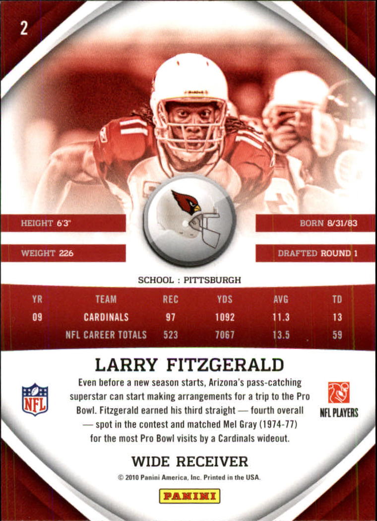 2010 Rookies and Stars Longevity #2 Larry Fitzgerald back image