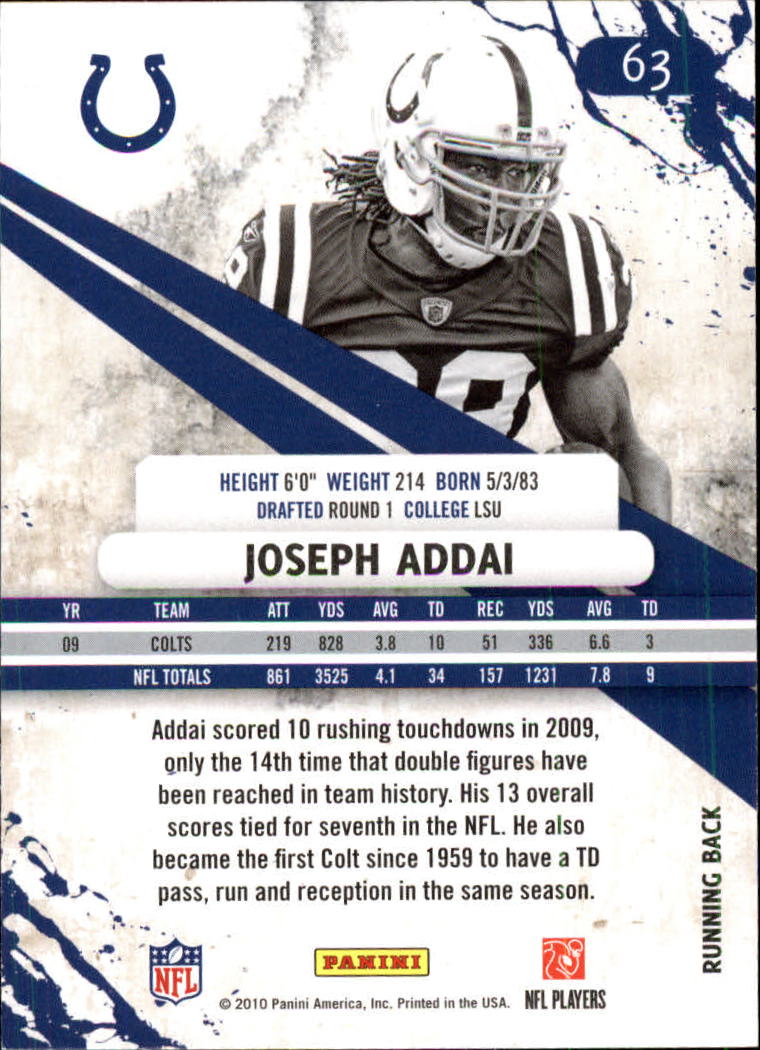 2010 Rookies and Stars Longevity #63 Joseph Addai back image