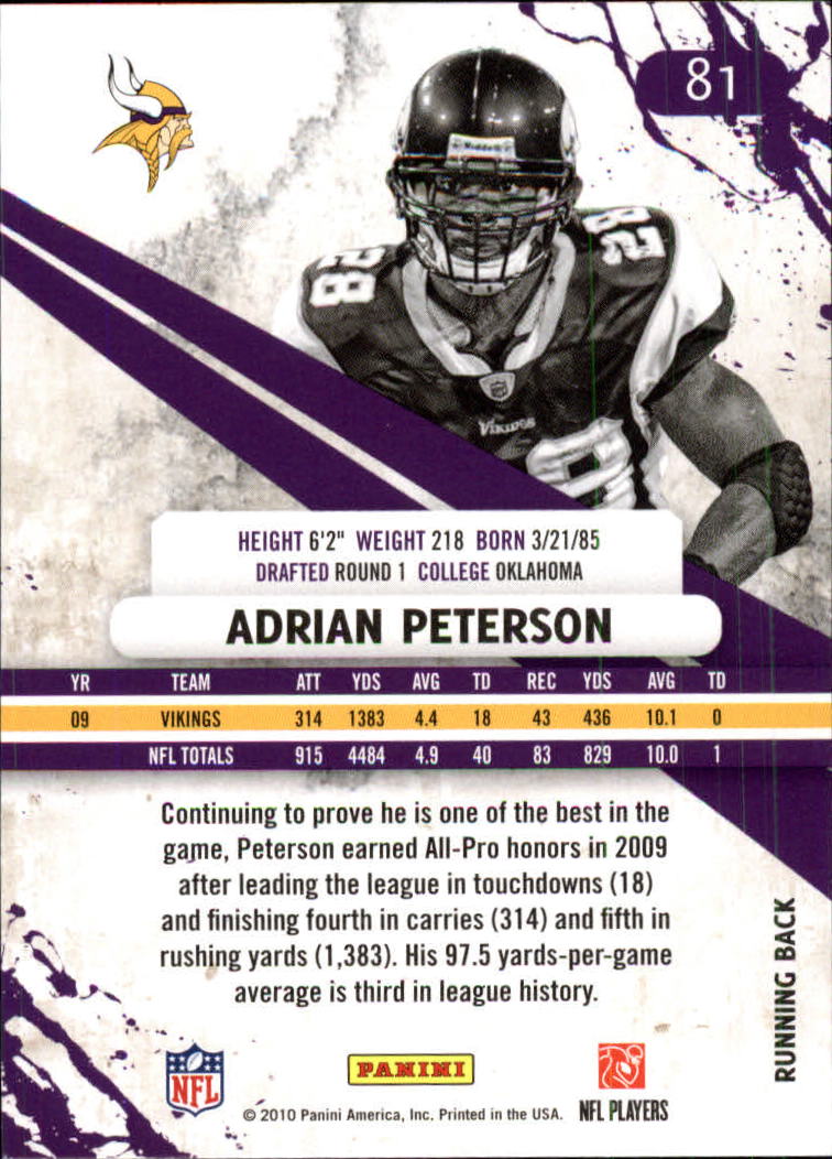 2010 Rookies and Stars Longevity #81 Adrian Peterson back image