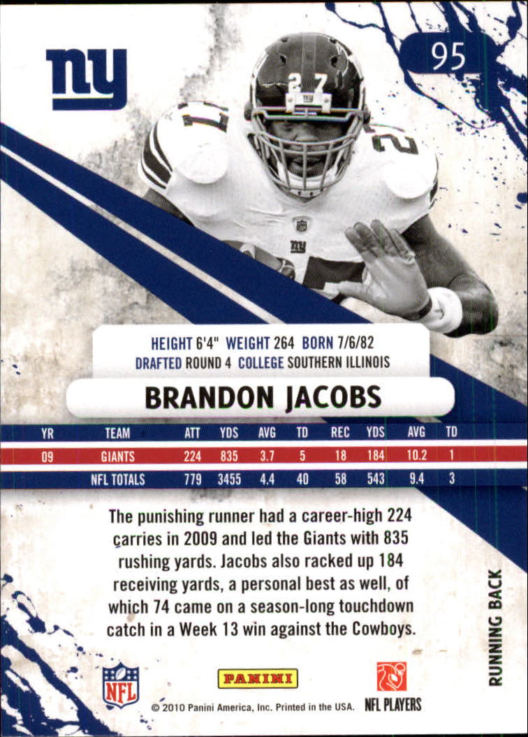 2010 Rookies and Stars Longevity #95 Brandon Jacobs back image