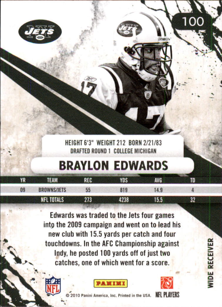 2010 Rookies and Stars Longevity #100 Braylon Edwards back image