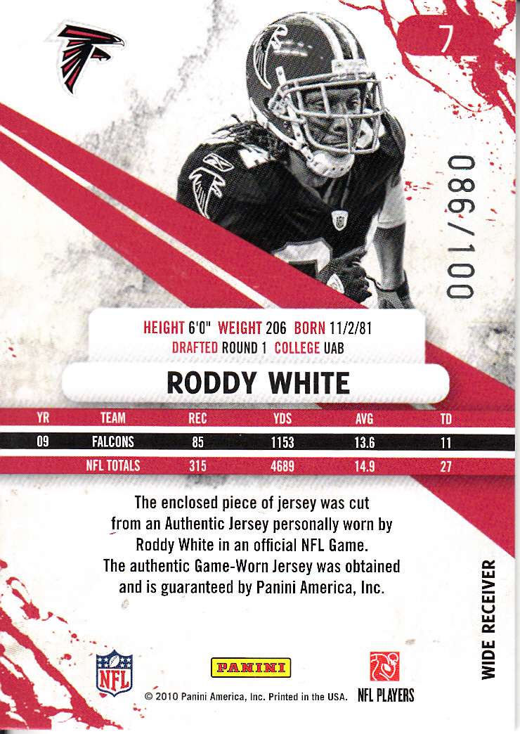 2010 Rookies and Stars Longevity Materials Ruby #7 Roddy White/100 back image