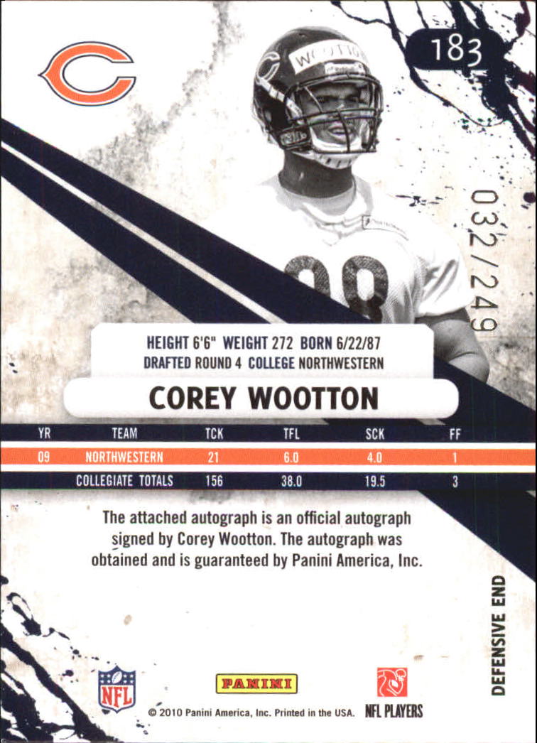 2010 Rookies and Stars Longevity Autographs #183 Corey Wootton/249 back image