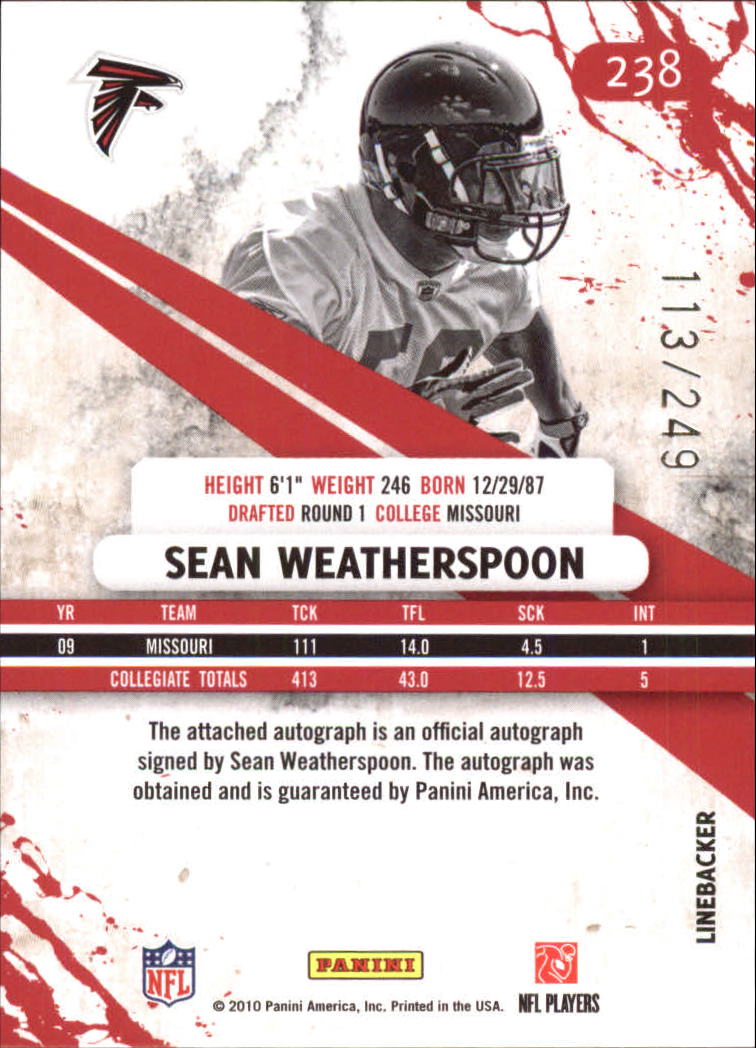 2010 Rookies and Stars Longevity Autographs #238 Sean Weatherspoon/249 back image