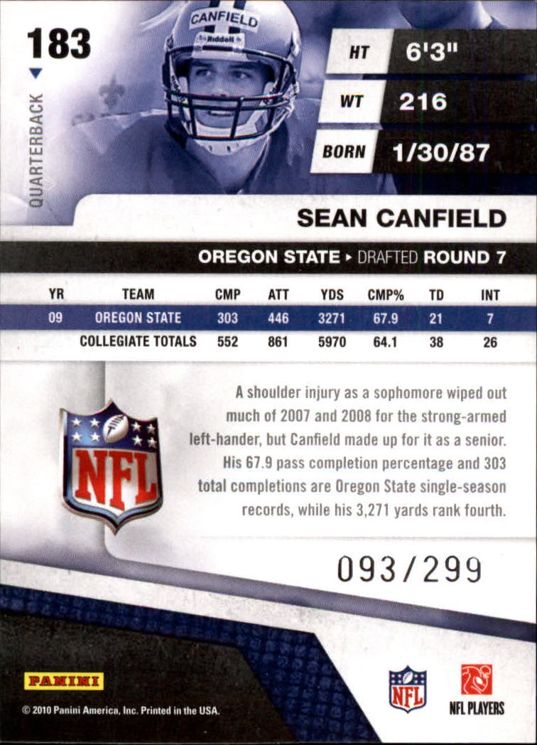 2010 Absolute Memorabilia Retail #183 Sean Canfield RC back image