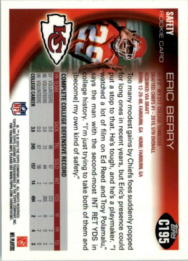 2010 Topps Chrome #C195A Eric Berry catch RC back image