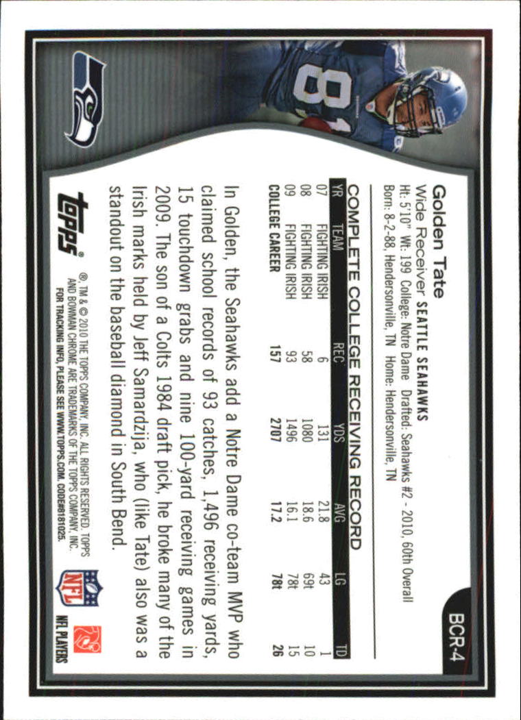 2010 Bowman Chrome Rookie Preview Inserts #BCR4 Golden Tate back image