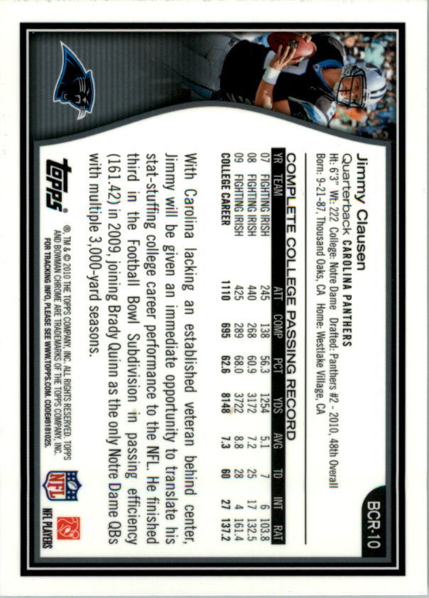 2010 Bowman Chrome Rookie Preview Inserts #BCR10 Jimmy Clausen back image