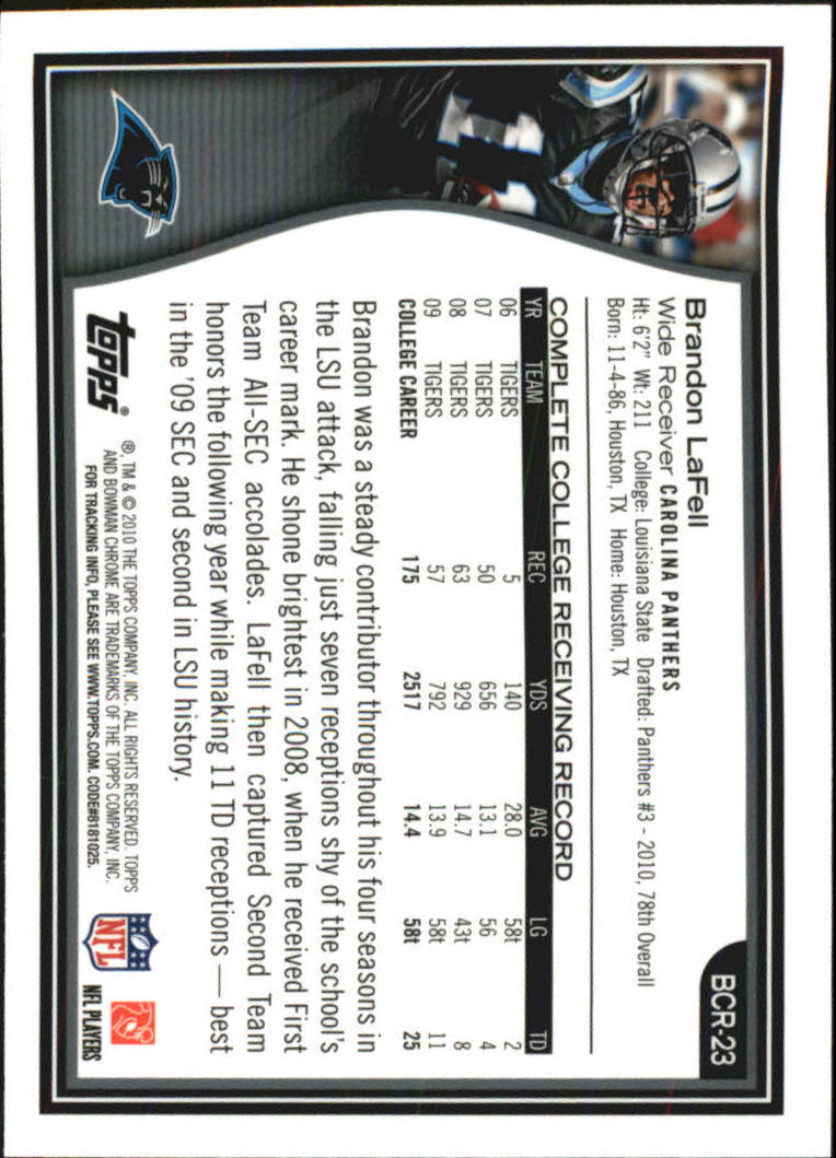 2010 Bowman Chrome Rookie Preview Inserts #BCR23 Brandon LaFell back image