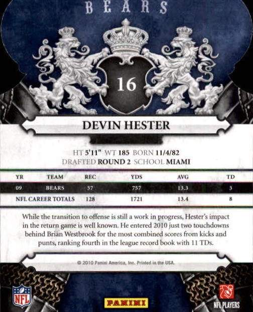 2010 Crown Royale #16 Devin Hester back image