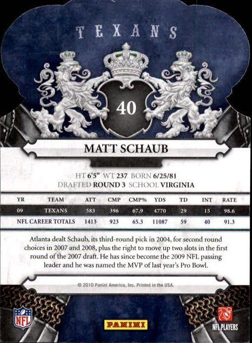 2010 Crown Royale #40 Matt Schaub back image