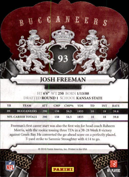 2010 Crown Royale #93 Josh Freeman back image