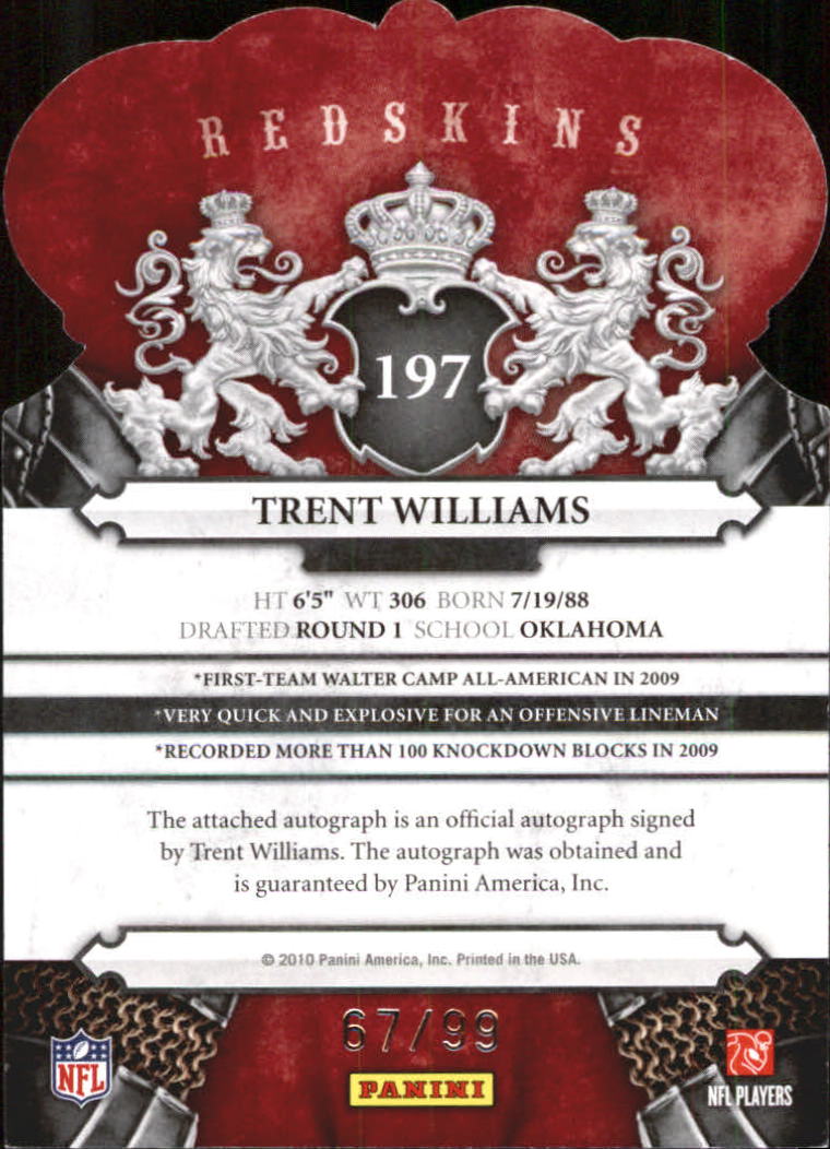 2010 Crown Royale #197 Trent Williams RC back image