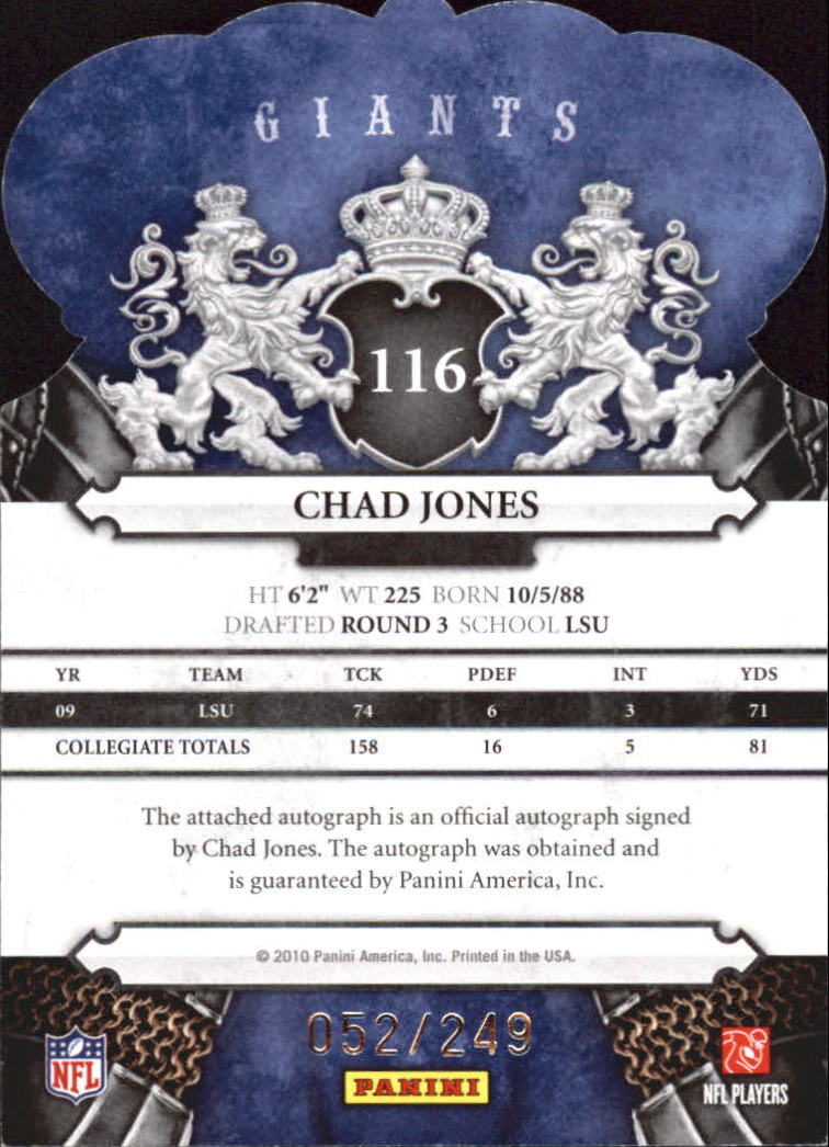2010 Crown Royale Autographs #116 Chad Jones/249 back image