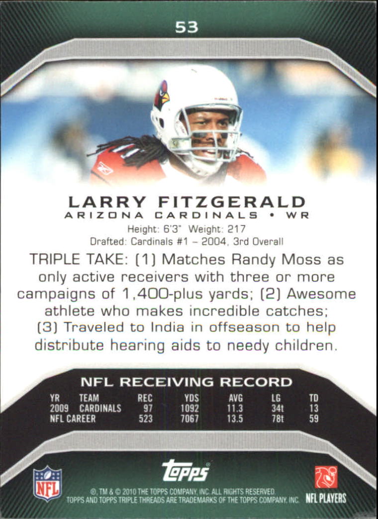 2010 Topps Triple Threads #53 Larry Fitzgerald back image