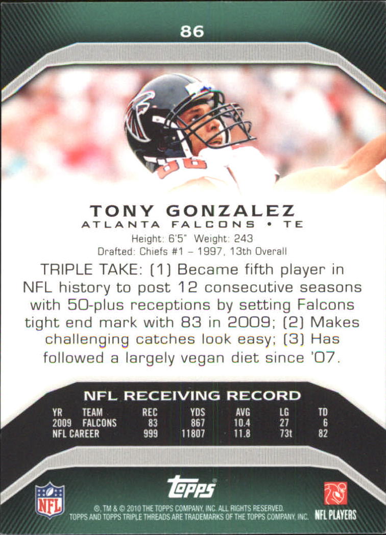 2010 Topps Triple Threads #86 Tony Gonzalez back image