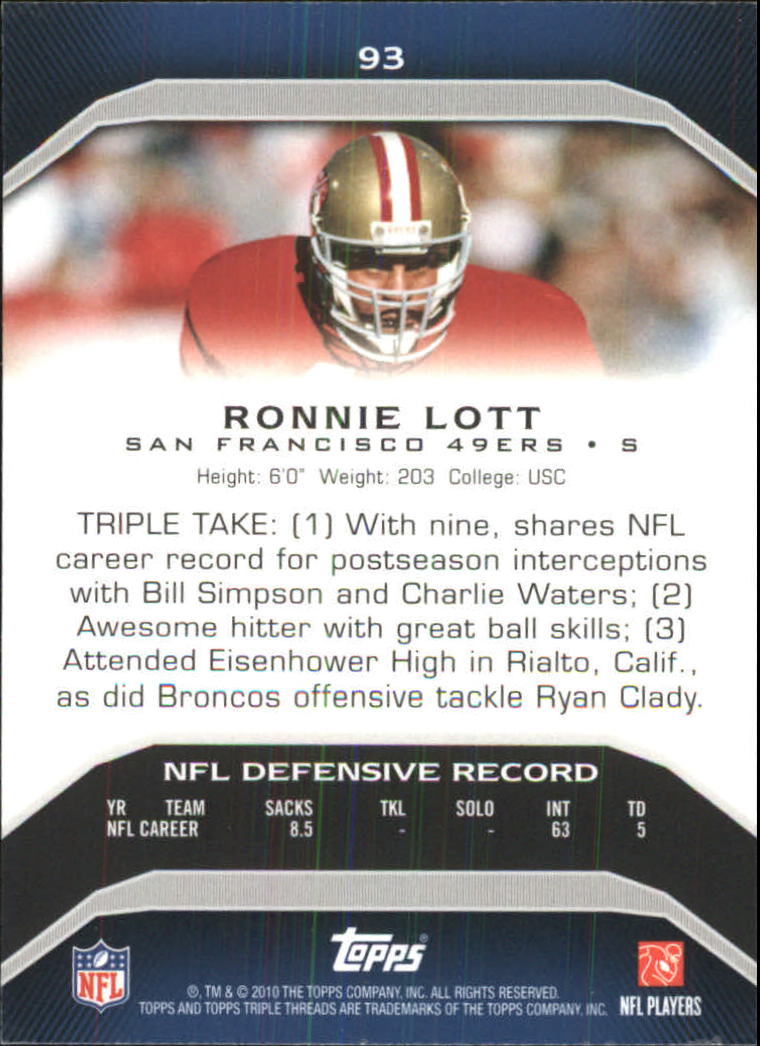 2010 Topps Triple Threads #93 Ronnie Lott back image