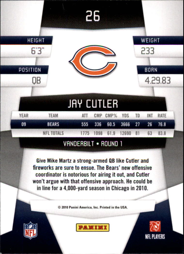 2010 Certified #26 Jay Cutler back image
