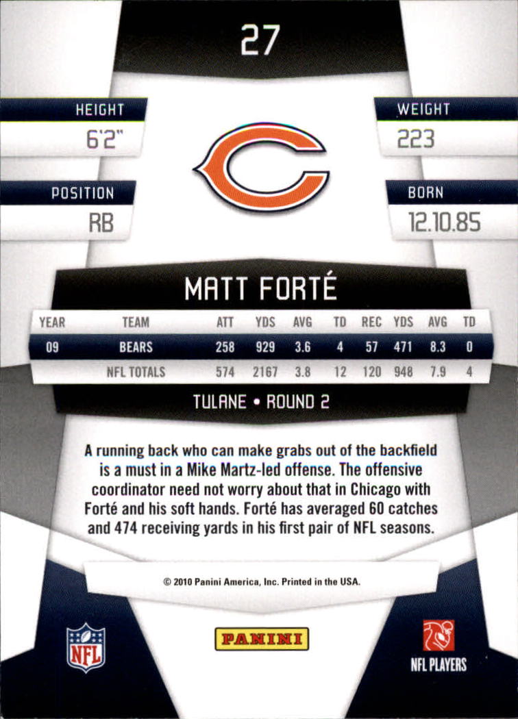 2010 Certified #27 Matt Forte back image
