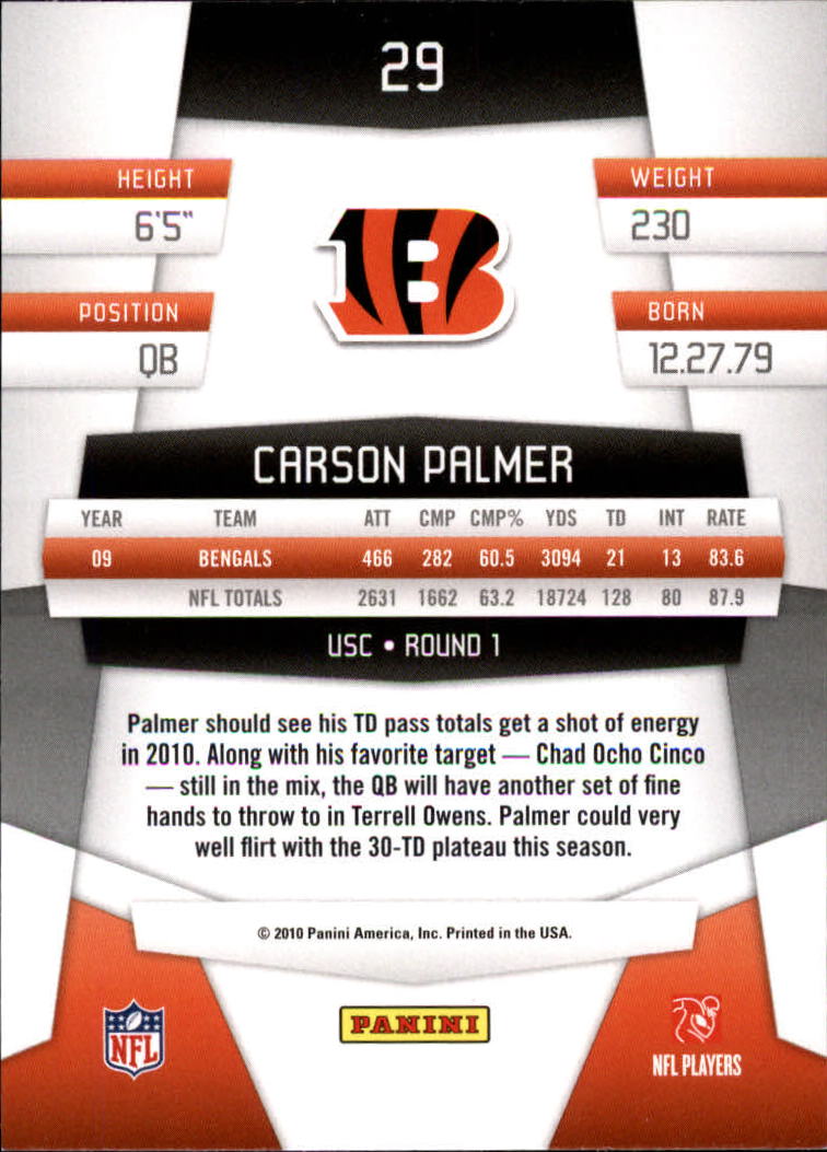 2010 Certified #29 Carson Palmer back image