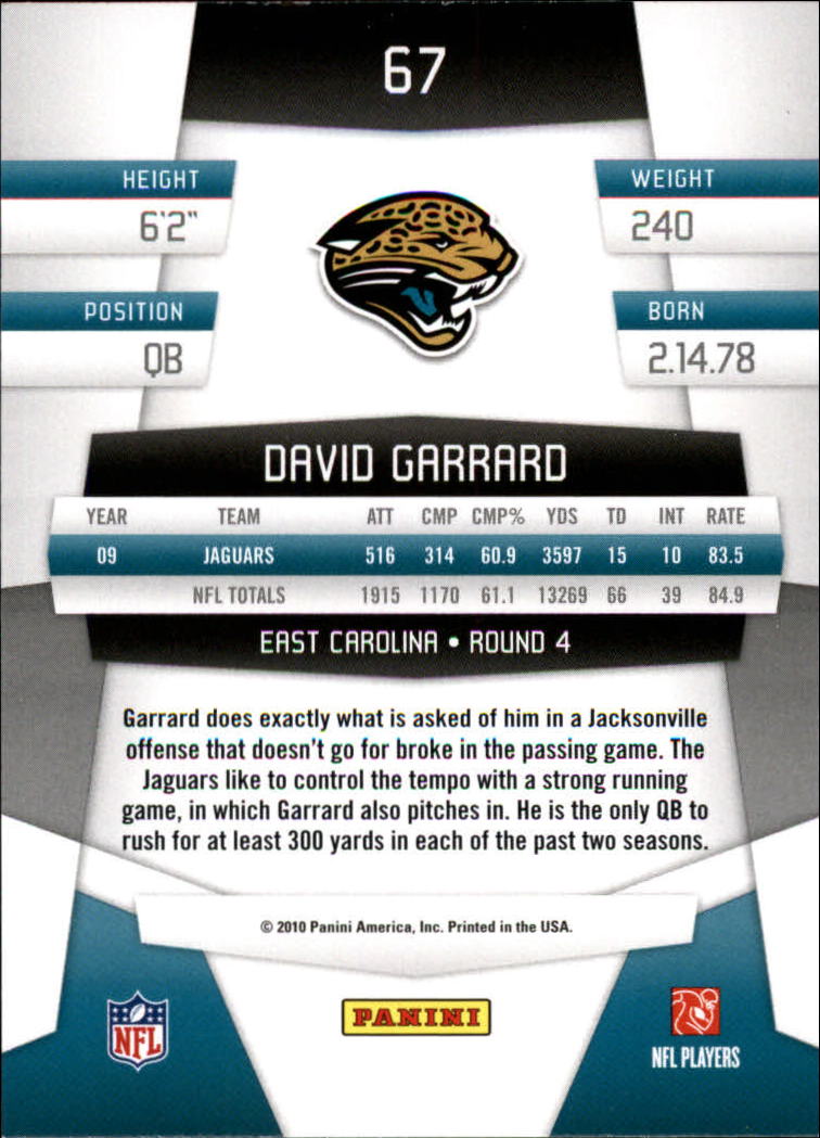 2010 Certified #67 David Garrard back image