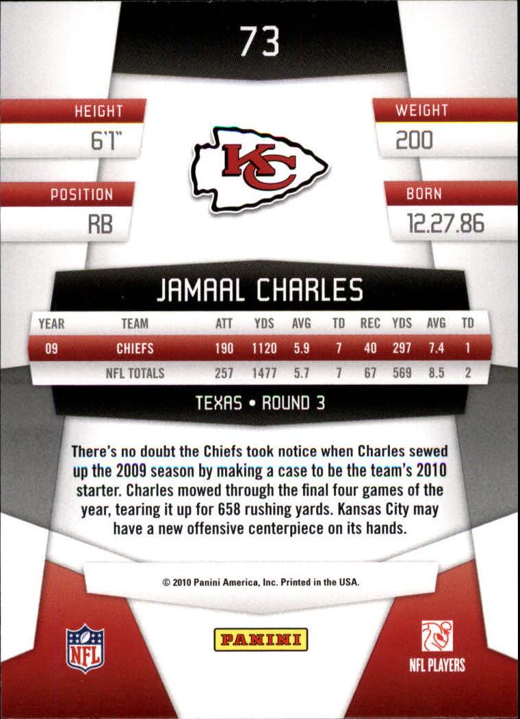 2010 Certified #73 Jamaal Charles back image
