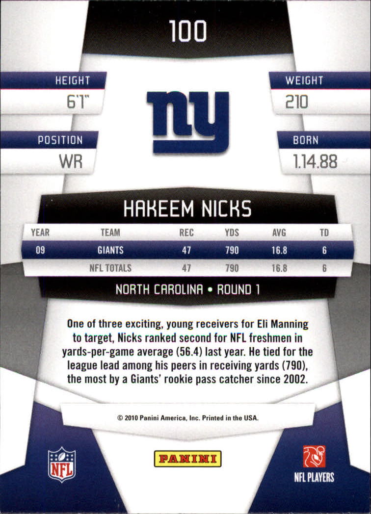 2010 Certified #100 Hakeem Nicks back image