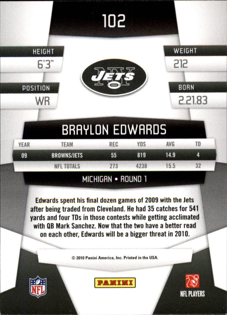 2010 Certified #102 Braylon Edwards back image
