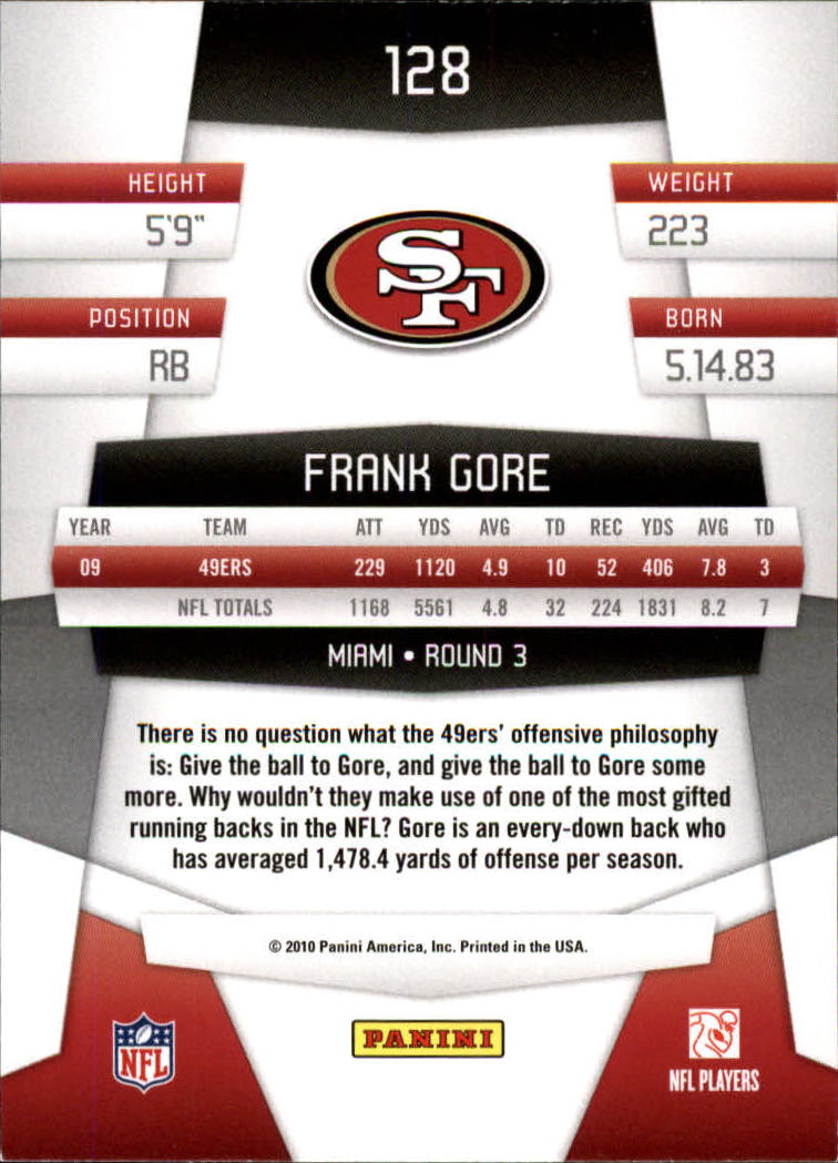 2010 Certified #128 Frank Gore back image
