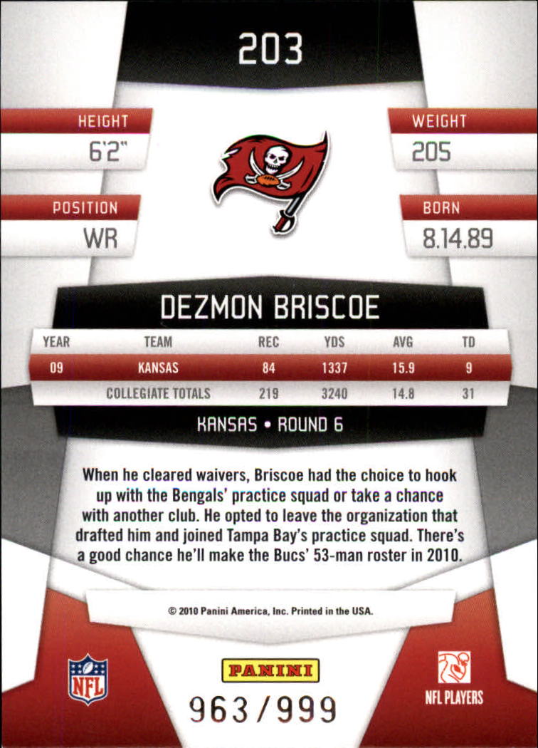 2010 Certified #203 Dezmon Briscoe RC back image