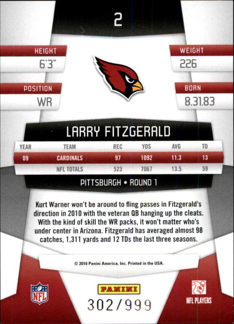2010 Certified Platinum Red #2 Larry Fitzgerald back image