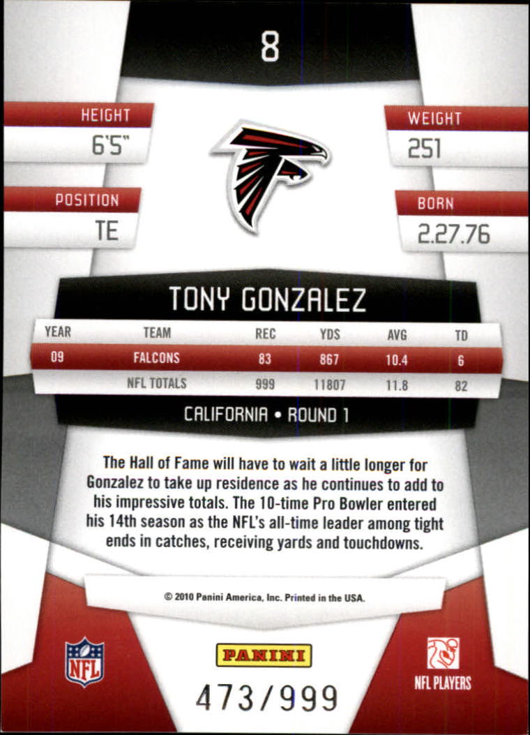 2010 Certified Platinum Red #8 Tony Gonzalez back image