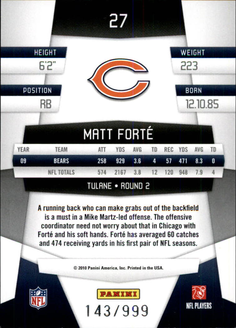 2010 Certified Platinum Red #27 Matt Forte back image