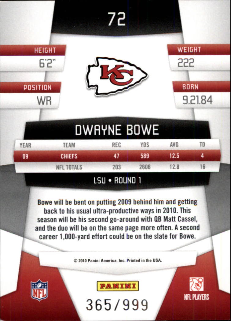 2010 Certified Platinum Red #72 Dwayne Bowe back image