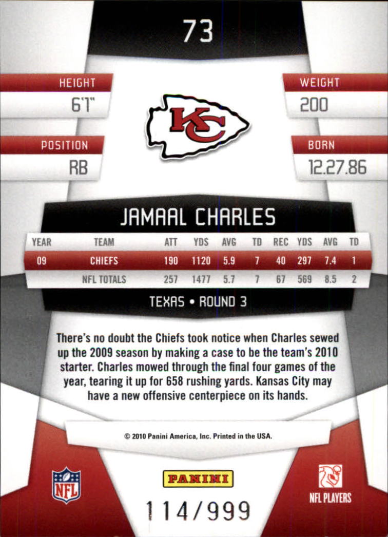 2010 Certified Platinum Red #73 Jamaal Charles back image