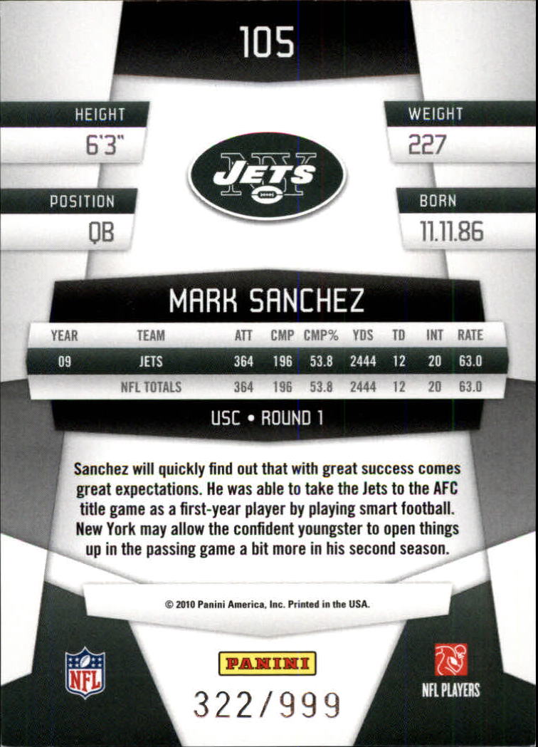2010 Certified Platinum Red #105 Mark Sanchez back image