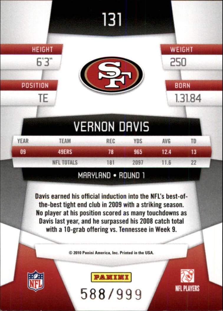 2010 Certified Platinum Red #131 Vernon Davis back image