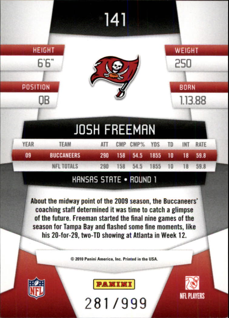 2010 Certified Platinum Red #141 Josh Freeman back image