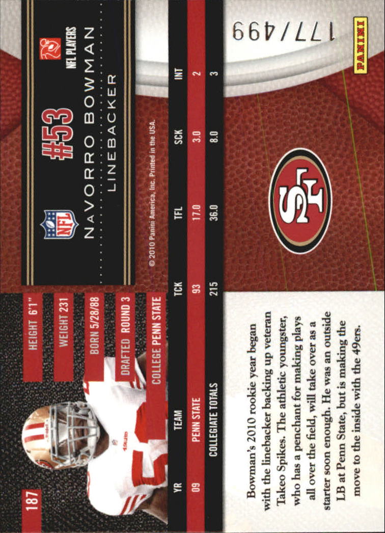 2010 Limited #187 NaVorro Bowman RC back image